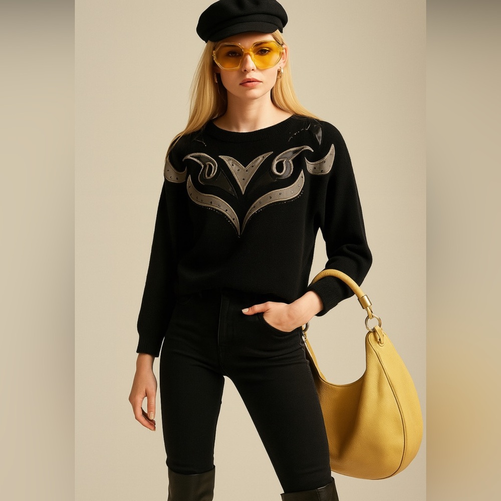 VTG 1980s Karamiz Silk Nylon Black Beaded Embellished Pullover Knit Sweater